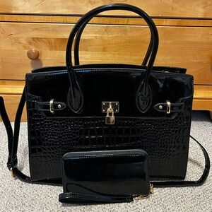 Black Croc-Embossed Handbag and Wallet Set